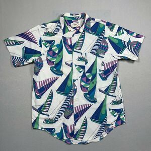 Vintage Shirt Men Large  Short Sleeve Boats Regatta Boats Print Nautical Costal